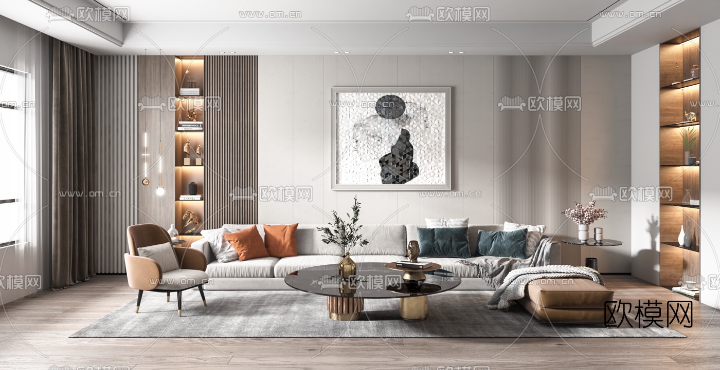 现代轻奢布艺沙发组合3d模型下载