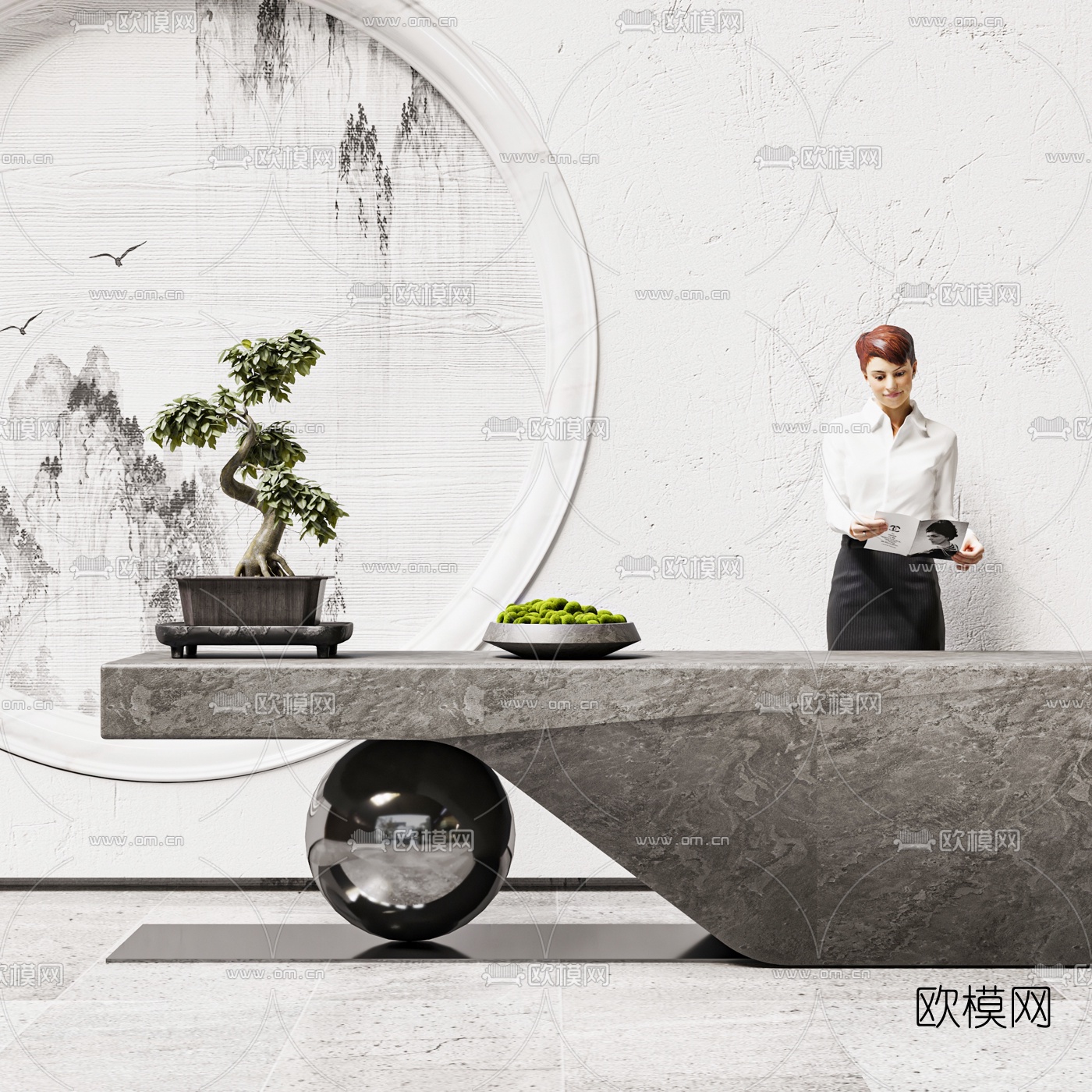 新中式大理石接待台3d模型下载（渲染图1）