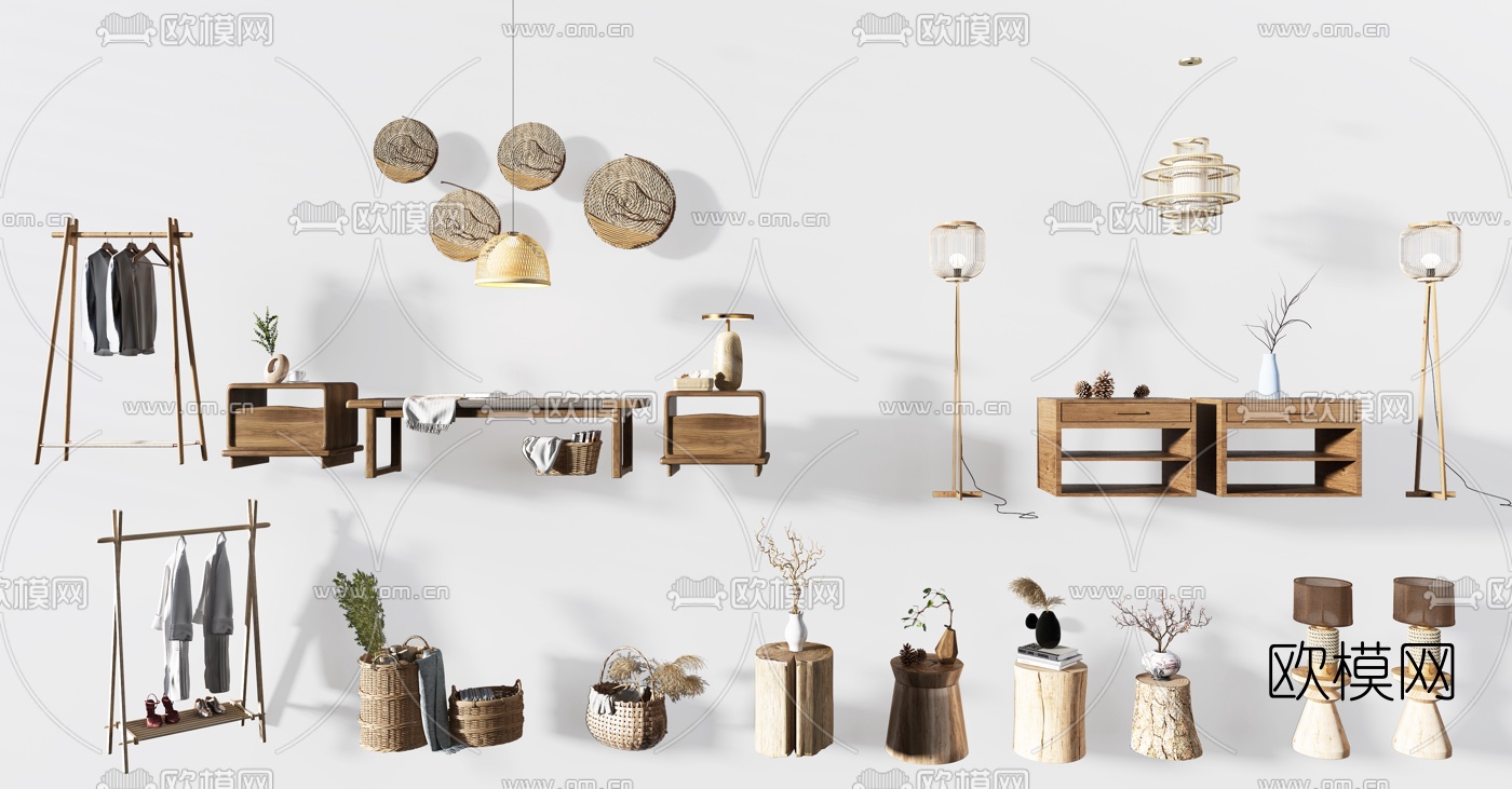 自然风床头柜边几圆几3d模型