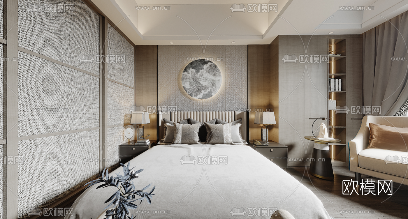 新中式卧室主人房vr全景3d模型