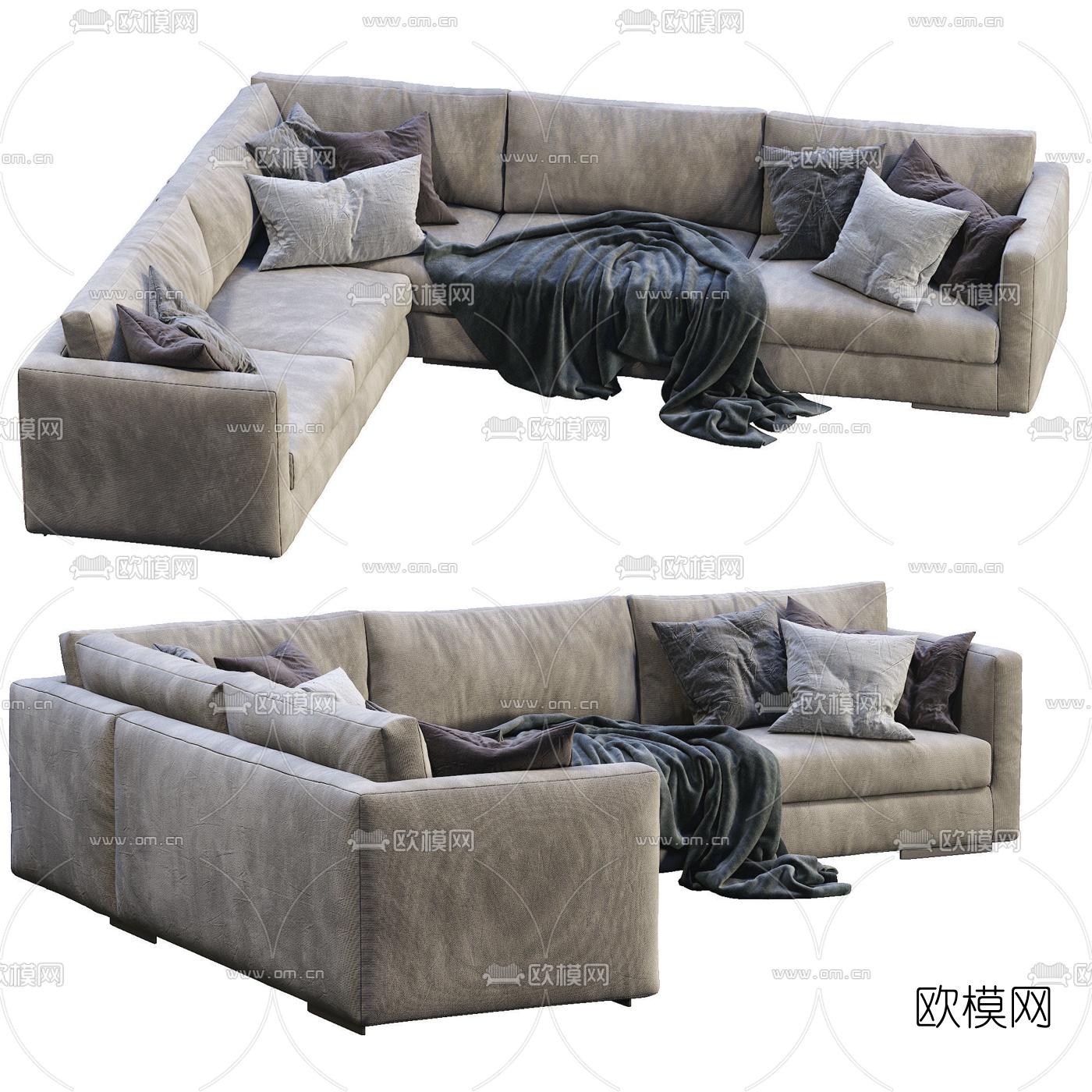 现代布艺转角多人沙发3d模型下载（渲染图1）