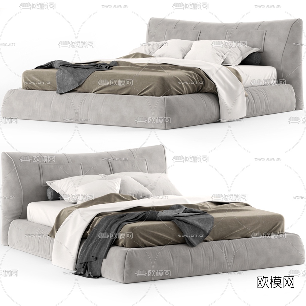 北欧布艺双人床3d模型下载（渲染图1）