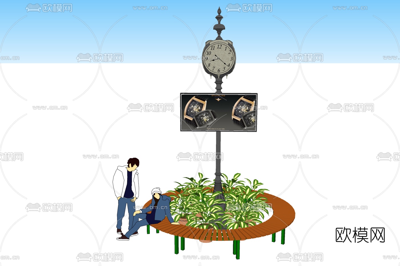 现代花坛公用椅免费su模型下载