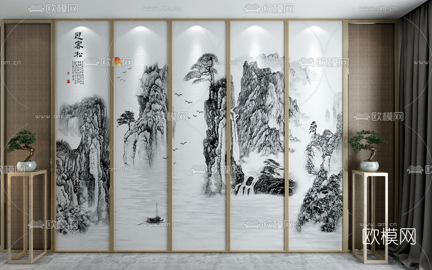 新中式迎客松背景墙免费3d模型下载