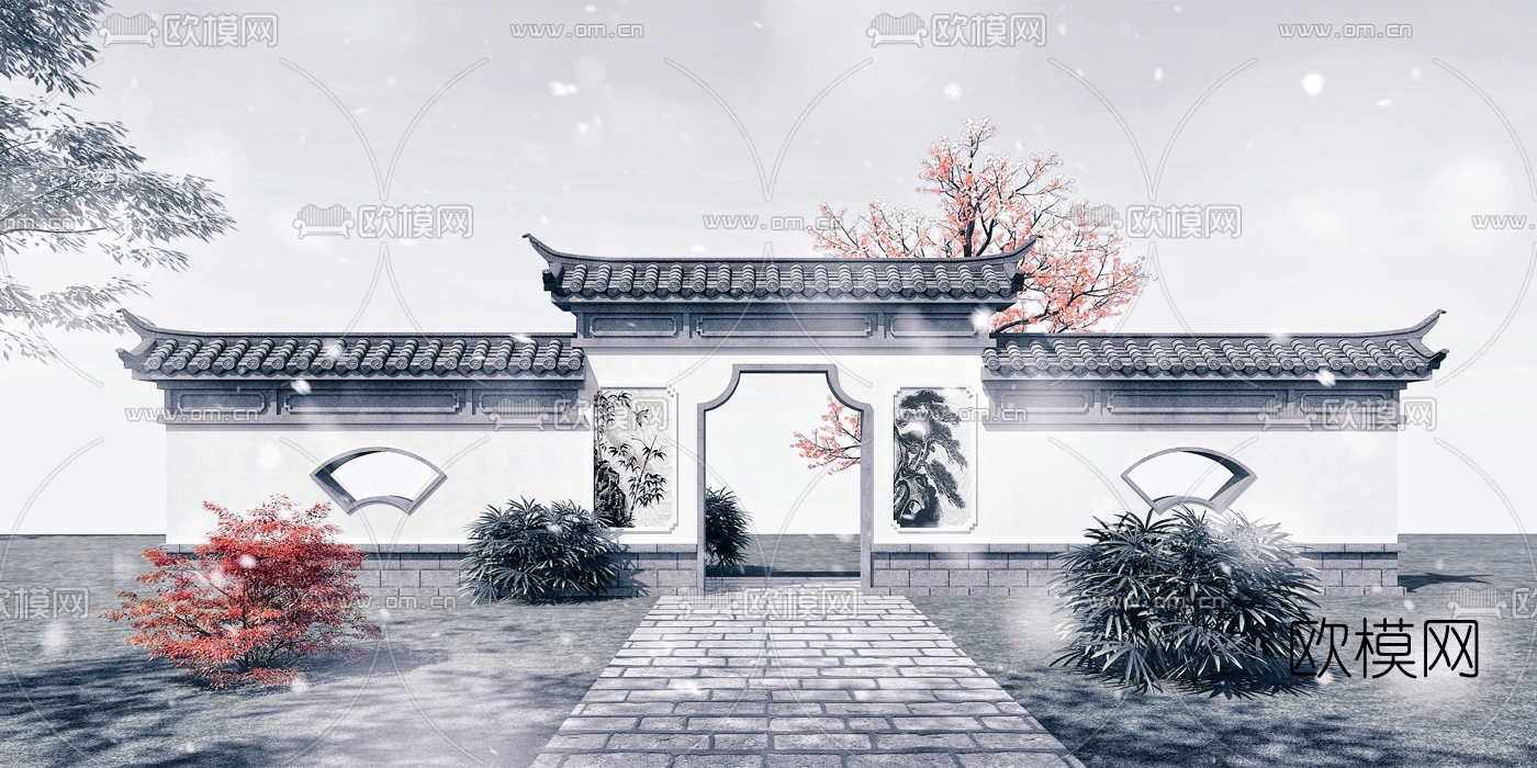 中式园林景观墙景观入口大门3d模型下载