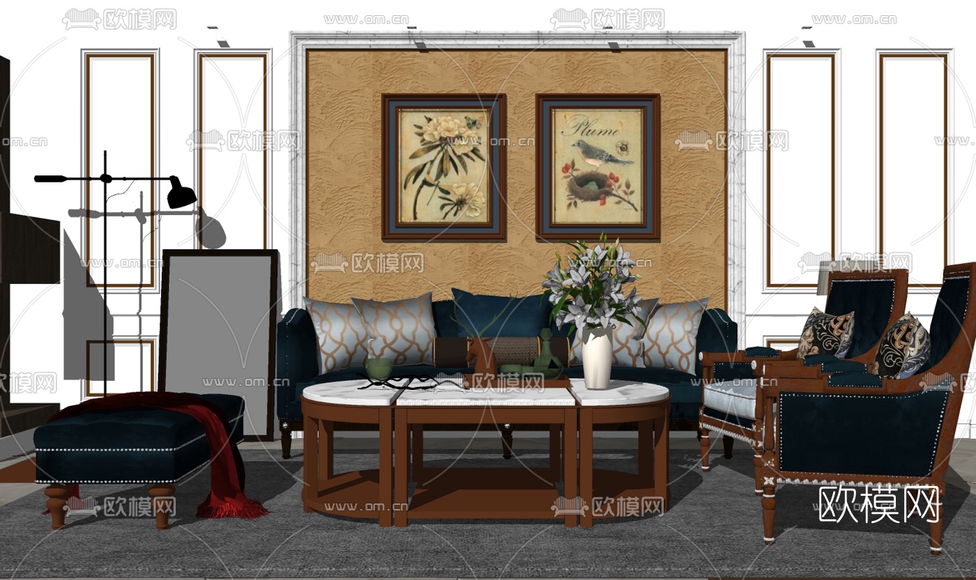 美式实木组合沙发su模型下载