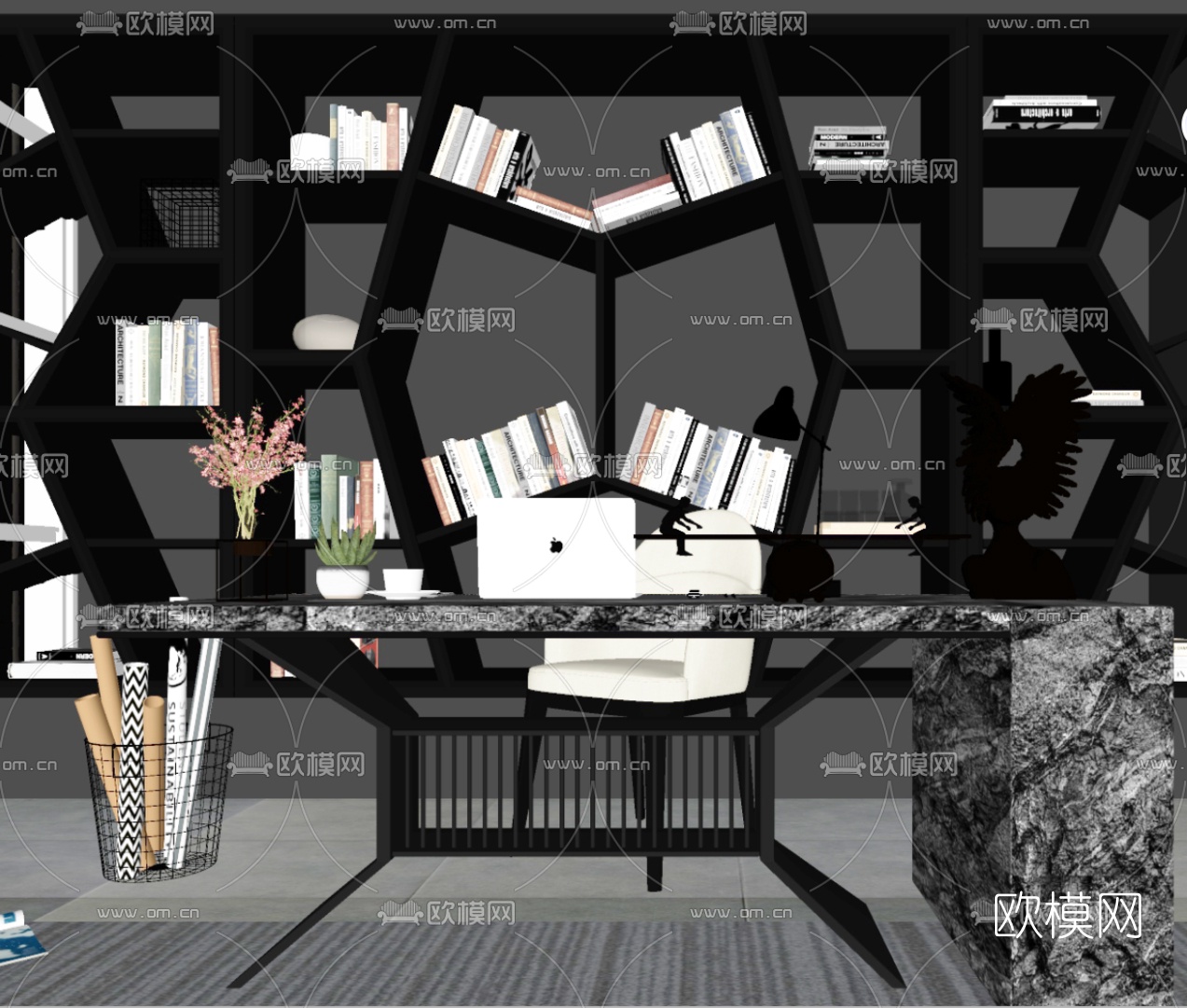 现代大理石书桌椅su模型下载（渲染图1）