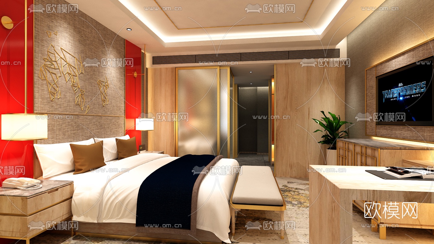 新中式客房大床房免费3d模型下载（渲染图1）