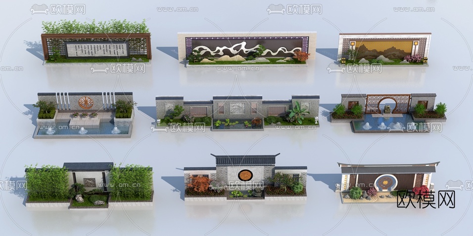 中式景墙景观小品3d模型下载