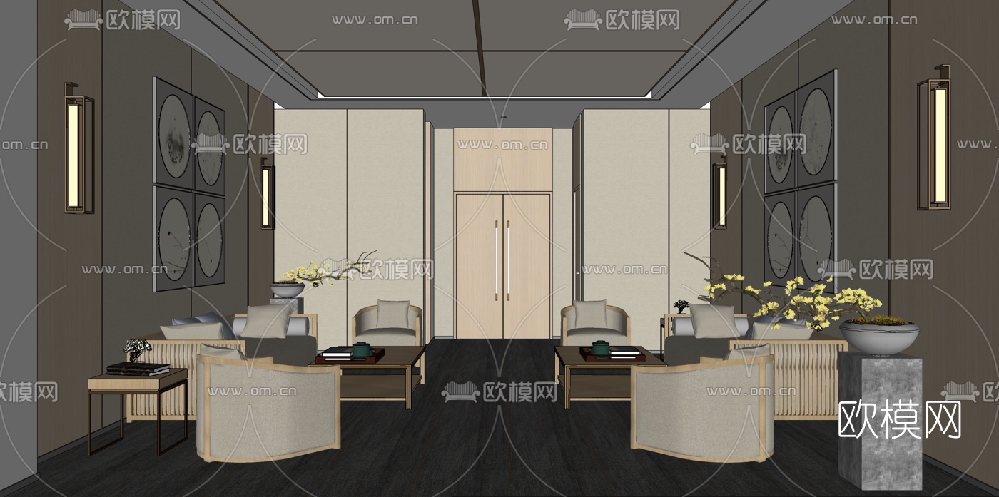 新中式酒店会客区su模型下载