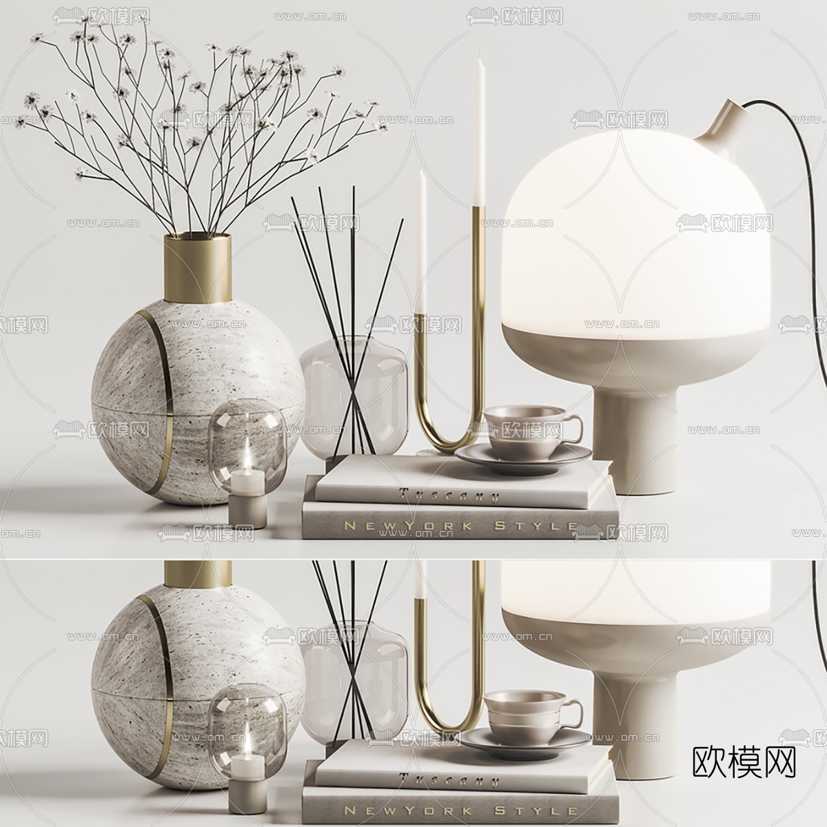 北欧花瓶蜡烛书籍摆件3d模型下载（渲染图1）