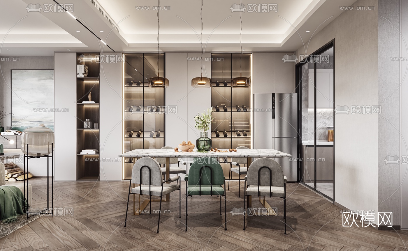 现代轻奢客厅餐厅3d模型