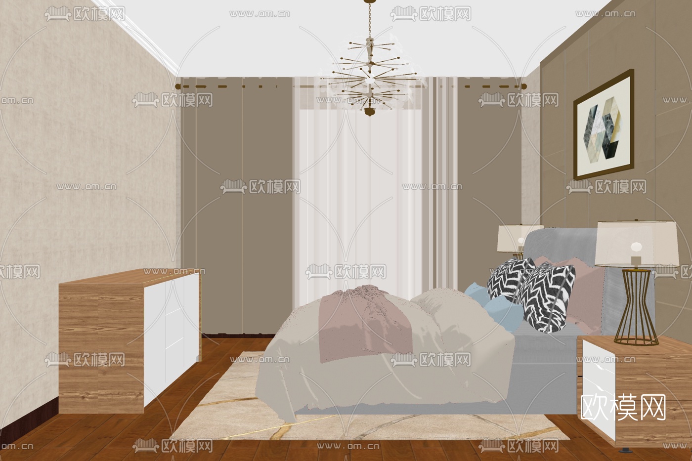 现代布艺双人床免费su模型下载