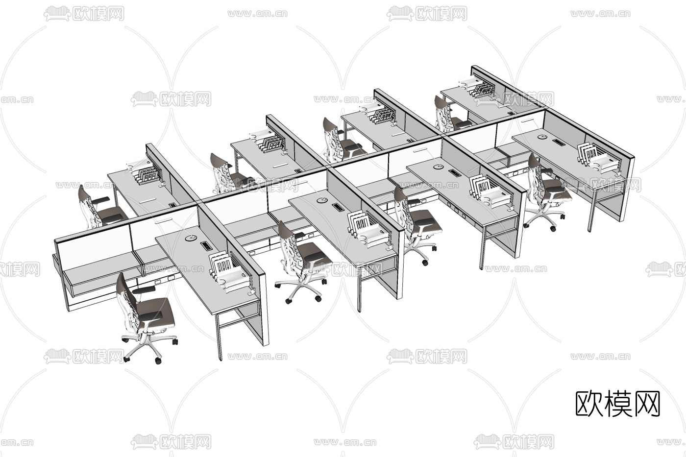 现代卡位办公桌椅免费su模型下载