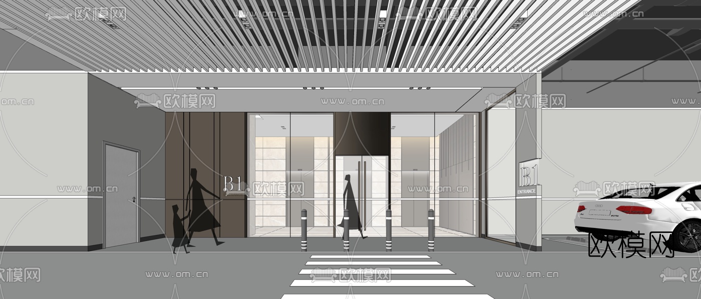 现代地下室车库电梯厅su模型下载（渲染图2）