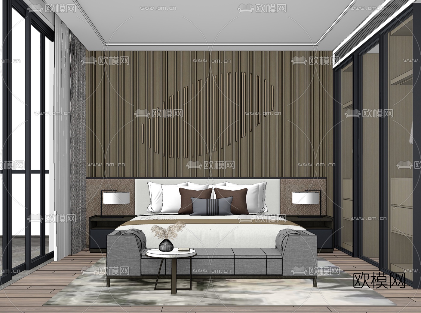 现代轻奢卧室su模型下载（渲染图2）