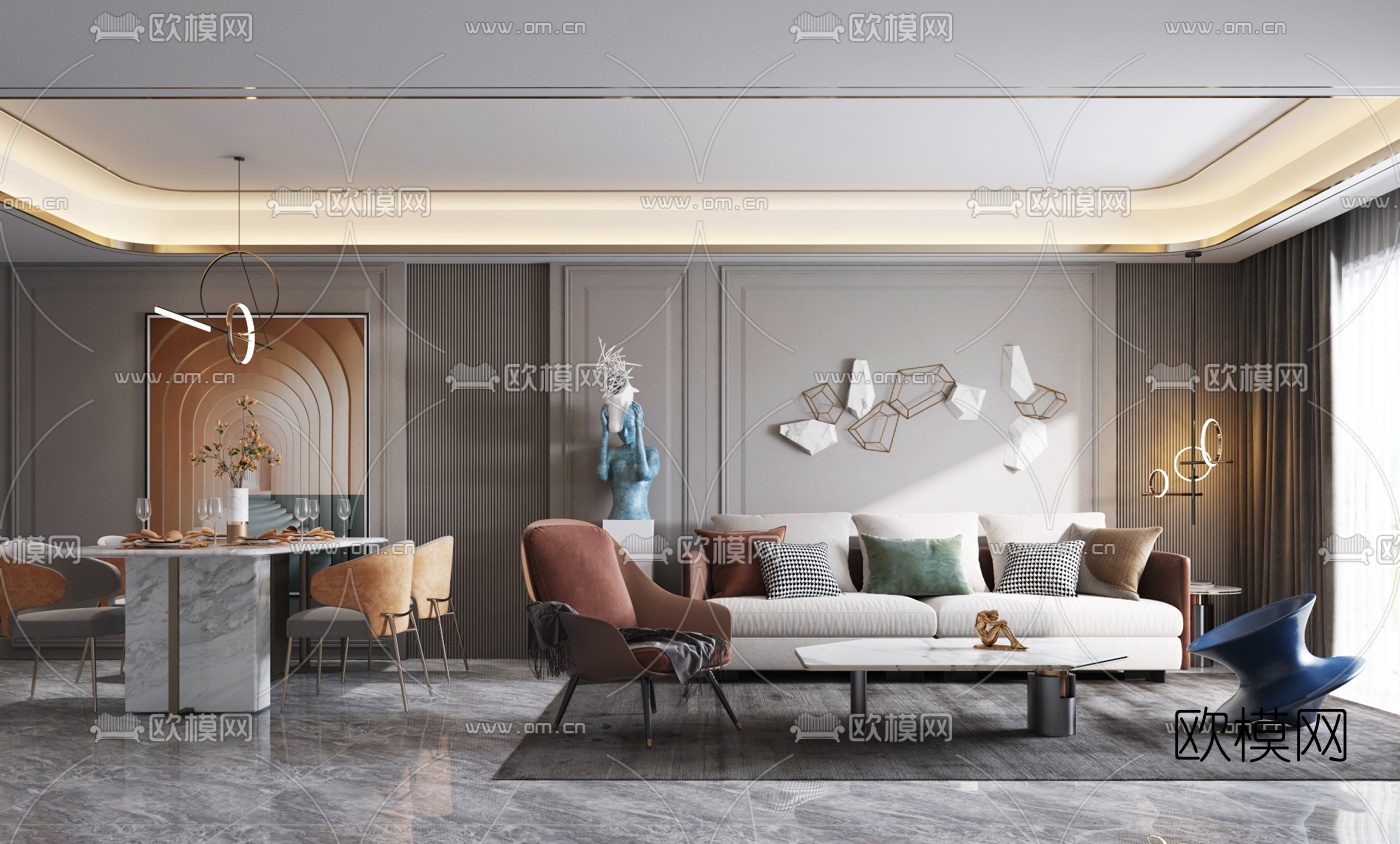 简欧简约客厅餐厅3d模型-免费3dmax模型库-欧模网
