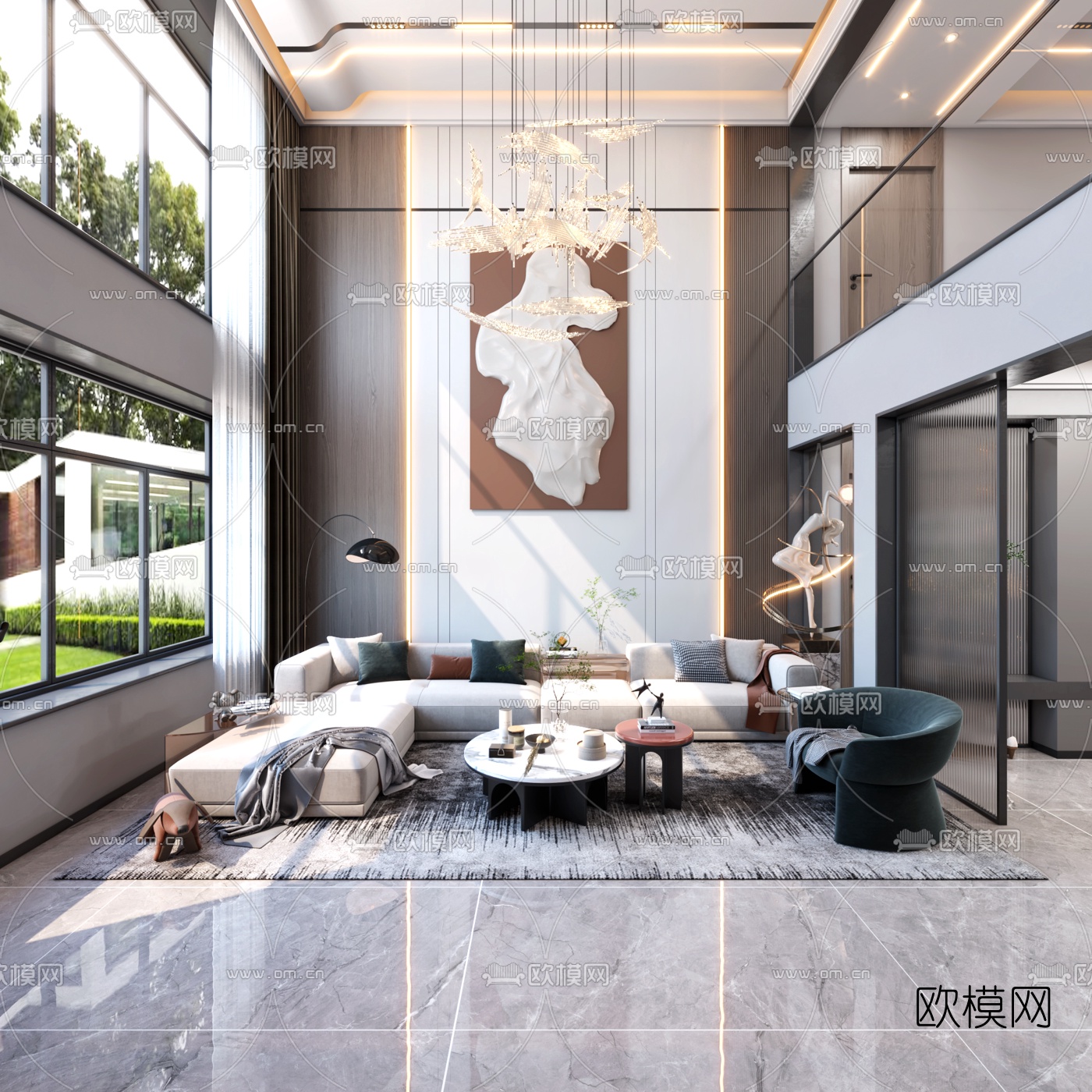 现代轻奢别墅客厅餐厅3d模型