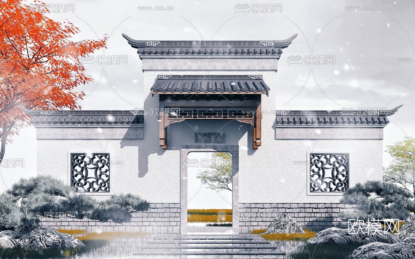 中式徽派古建庭院大门3d模型下载