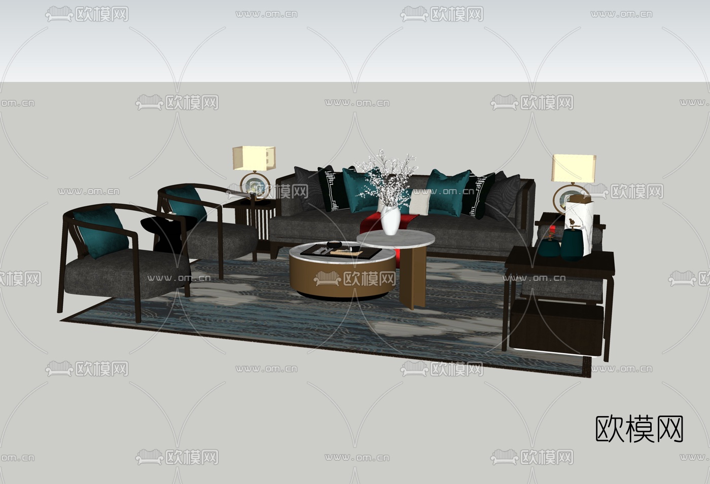 新中式布艺组合沙发su模型下载（渲染图2）