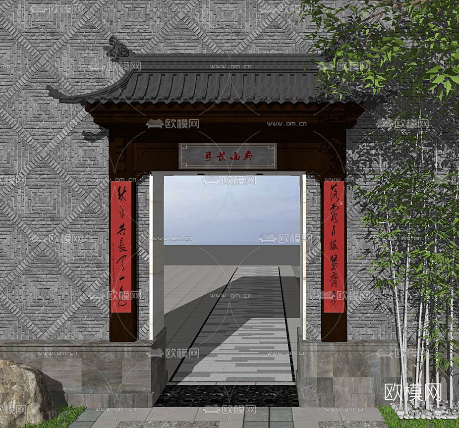 中式围墙院门su模型下载（渲染图2）