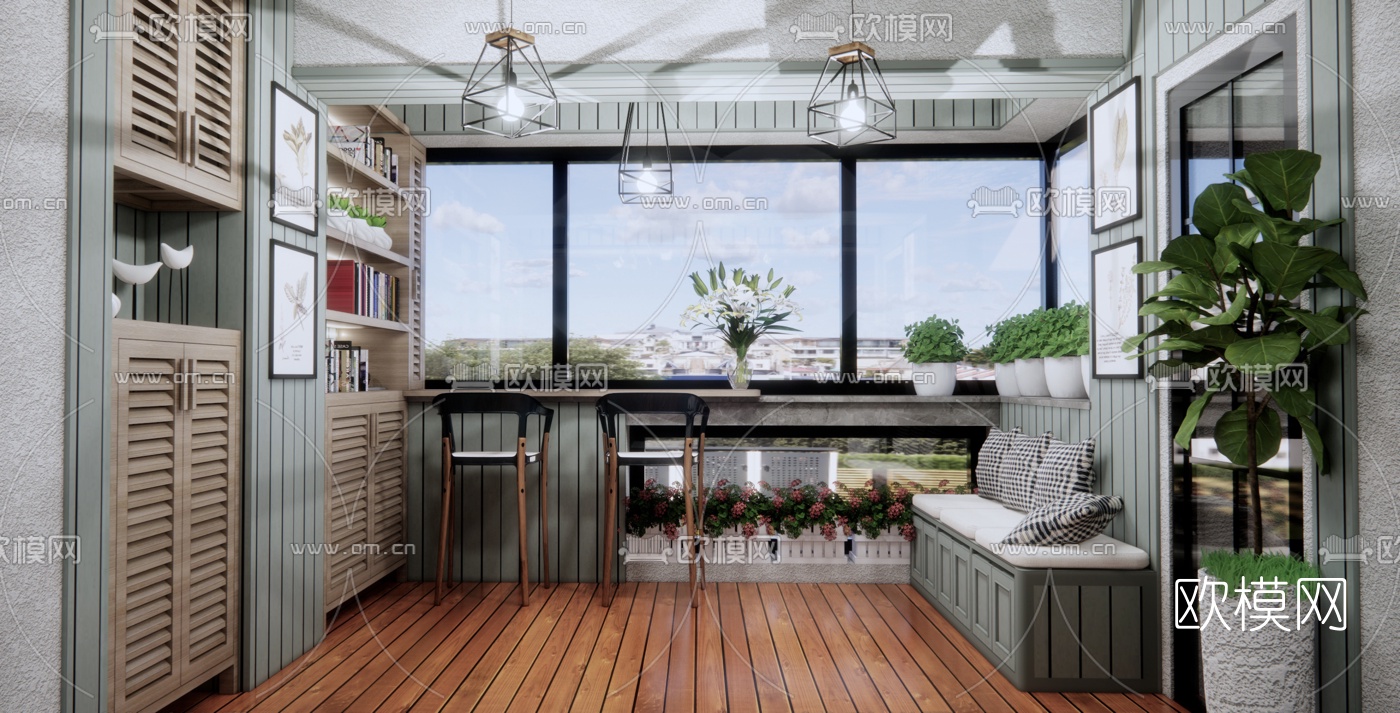 北欧阳台书吧su模型下载（渲染图1）
