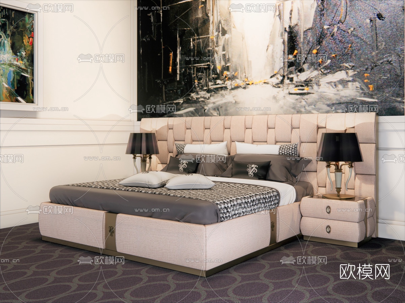 后现代布艺双人床su模型下载（渲染图2）