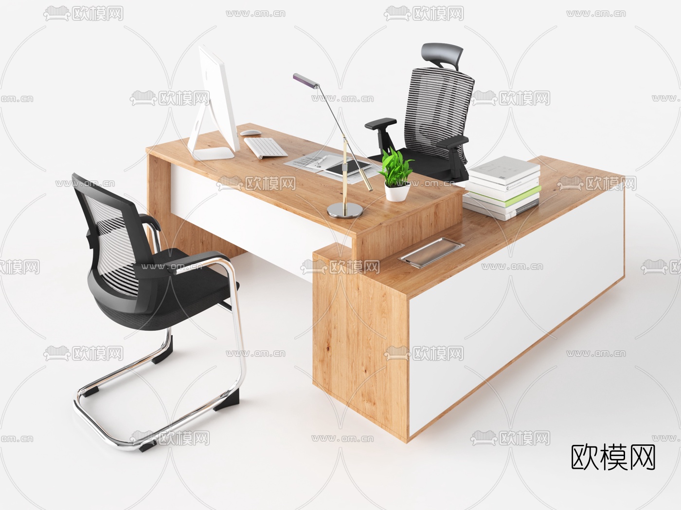 现代班台办公桌3d模型下载（渲染图1）