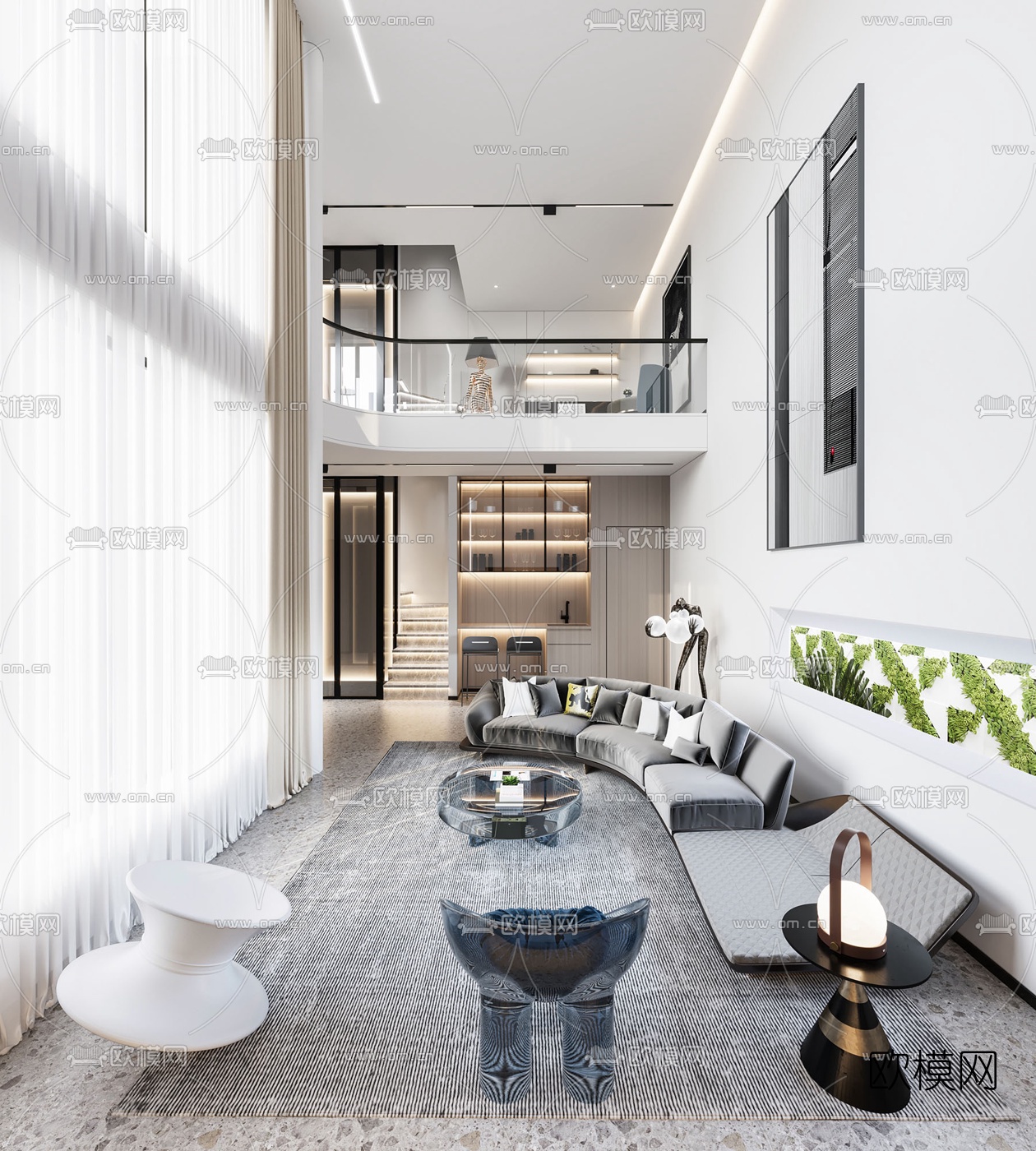 现代别墅客厅餐厅3d模型下载（渲染图1）