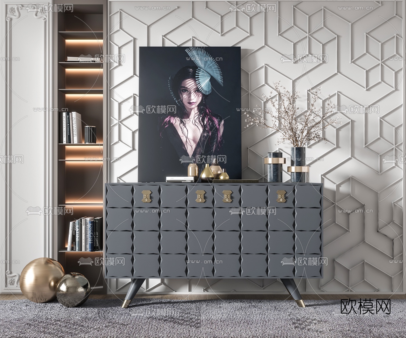 美式烤漆玄关柜边柜3d模型下载（渲染图1）