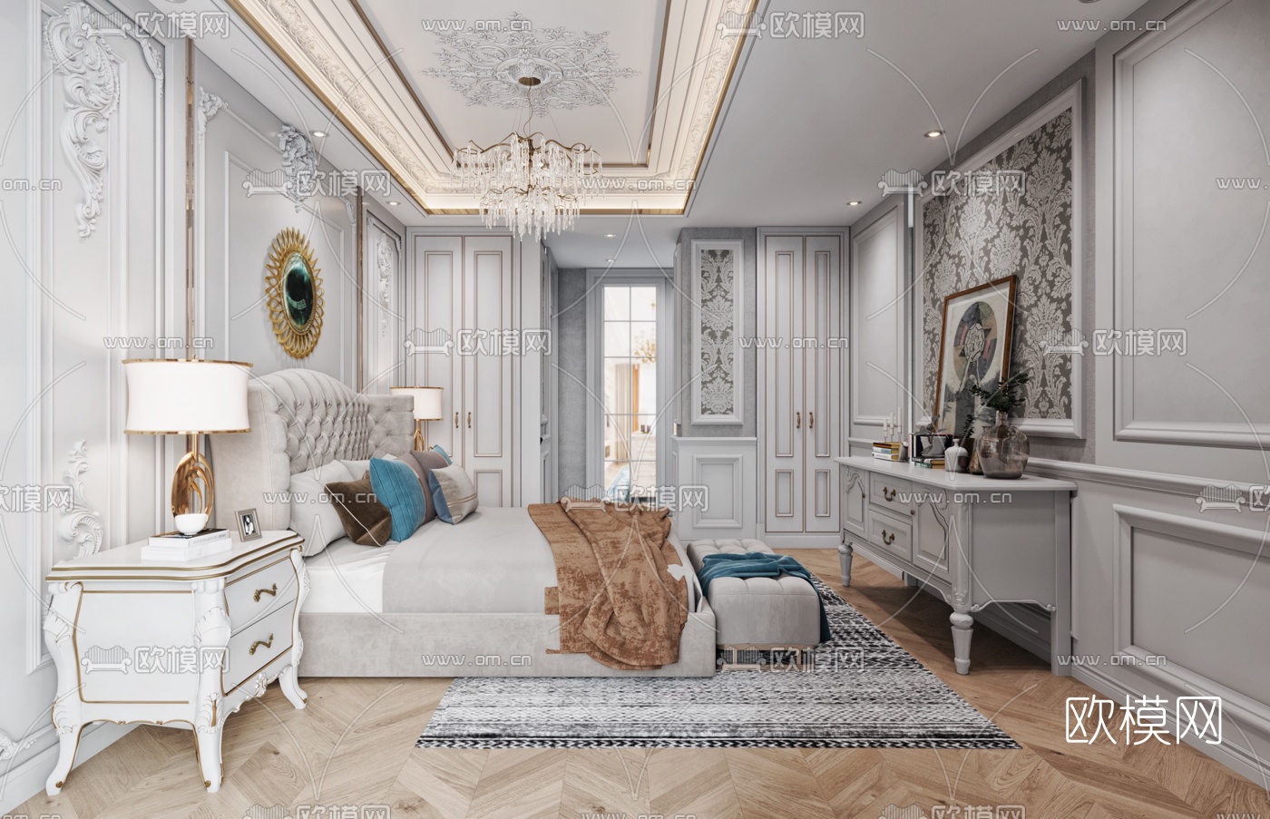 法式卧室主人房3d模型下载（渲染图2）