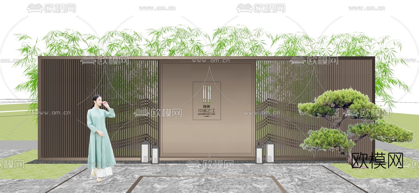 新中式庭院景观墙su模型