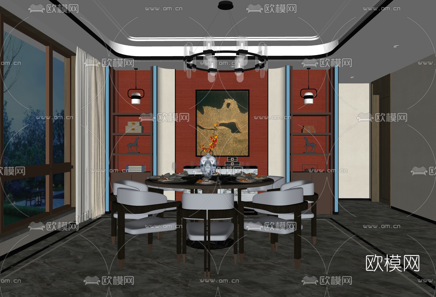 新中式酒店包厢su模型下载（渲染图2）