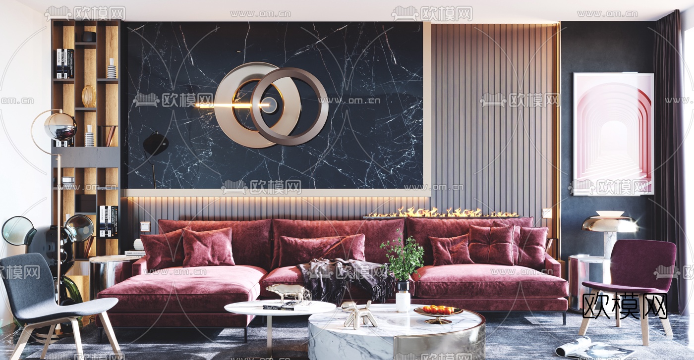 北欧布艺转角沙发组合3d模型下载（渲染图1）