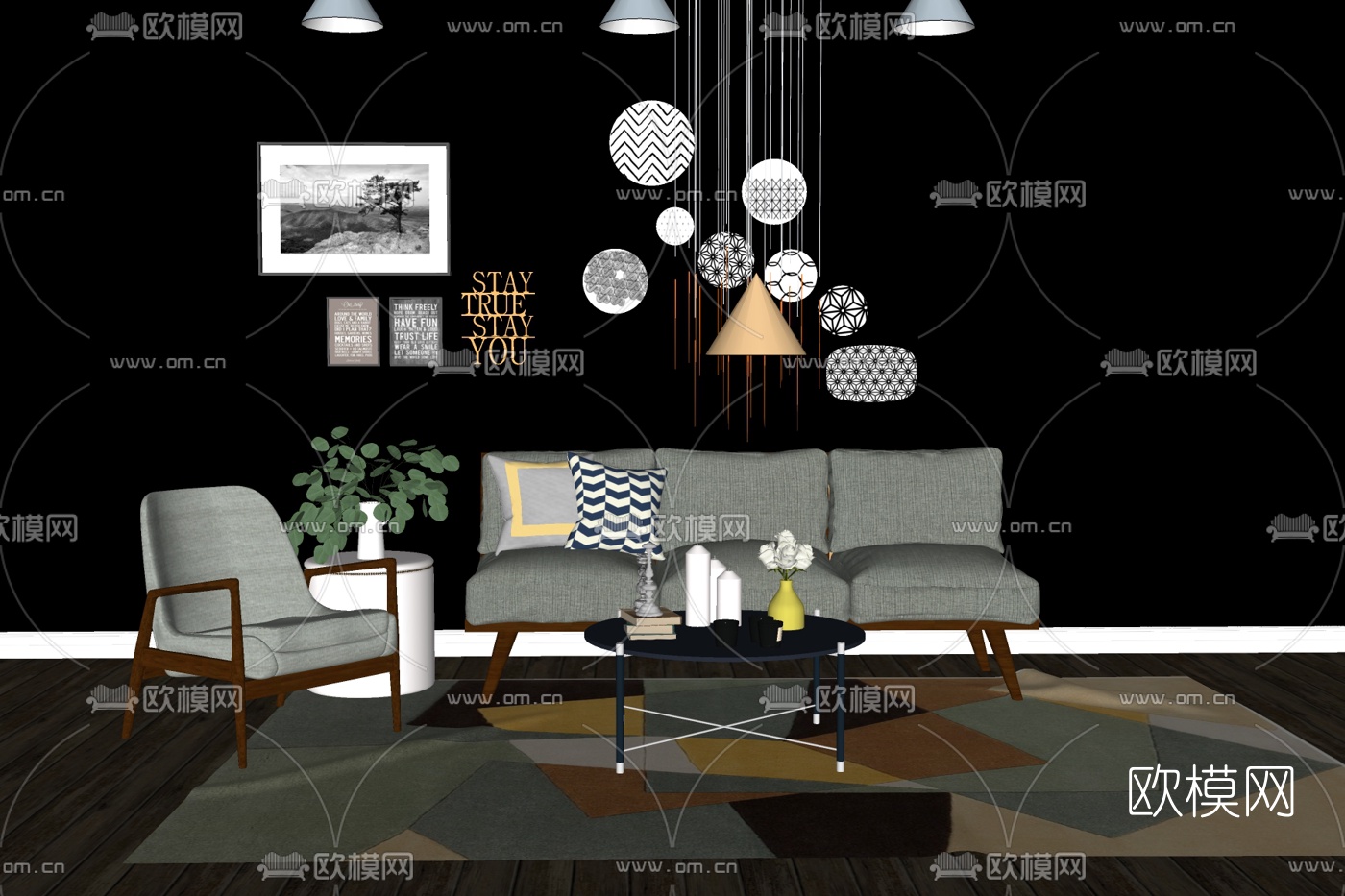 现代布艺组合沙发免费su模型下载