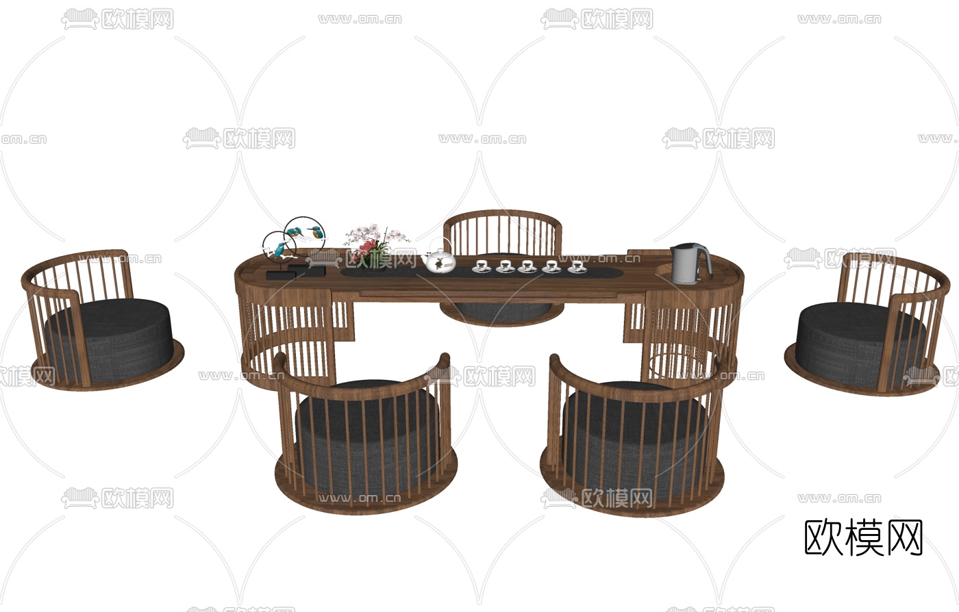 中式禅意茶桌椅su模型下载