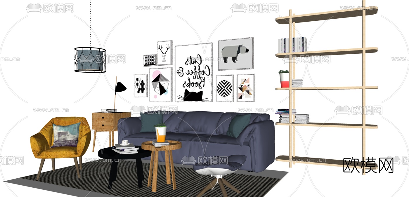 北欧布艺沙发组合su模型下载（渲染图2）