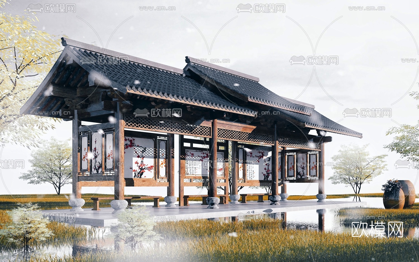 中式古建长廊风雨亭3d模型下载