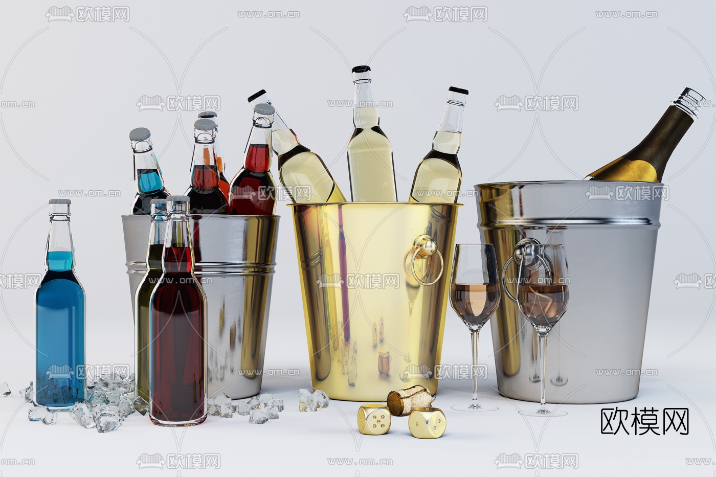 现代酒水酒桶冰块3d模型下载