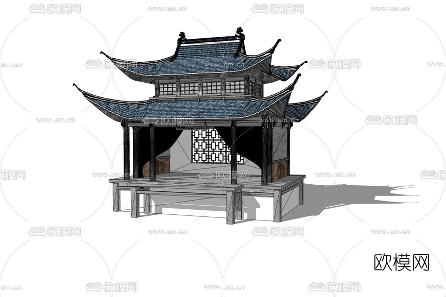 中式古建戏楼免费su模型下载