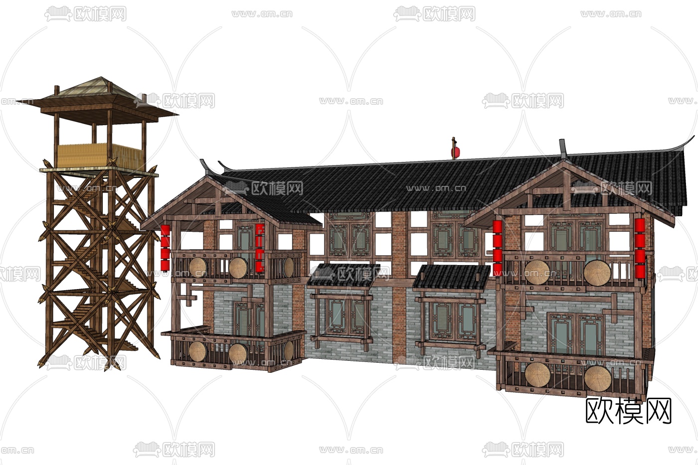 中式古建客栈外观免费su模型下载_ID10275485_sketchup模型下载-欧模网