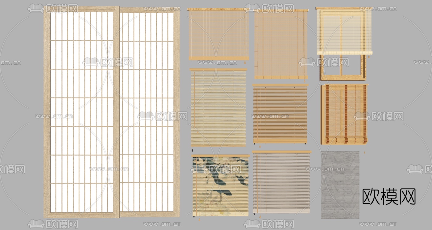 日式推拉门竹帘卷帘窗帘su模型下载