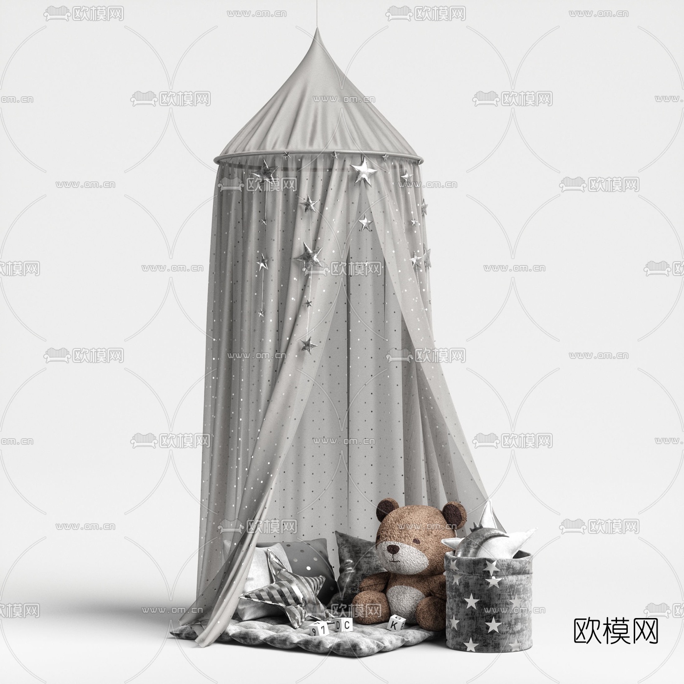 现代儿童帐篷抱枕小熊公仔43d模型下载（渲染图1）