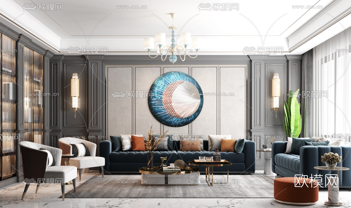 美式绒布沙发组合3d模型下载