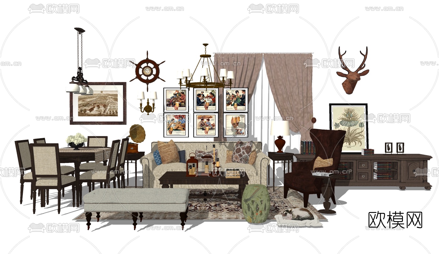 美式布艺沙发组合su模型下载