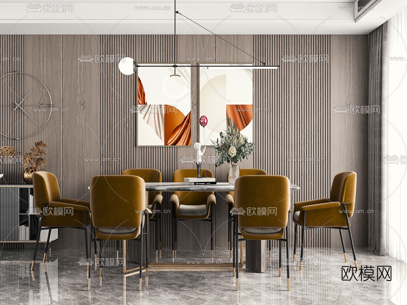 现代轻奢大理石餐桌椅3d模型下载