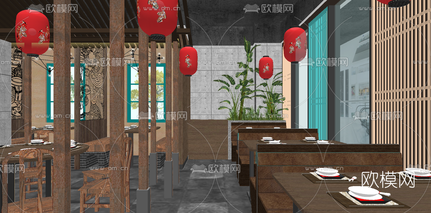 新中式中餐厅su模型下载（渲染图4）