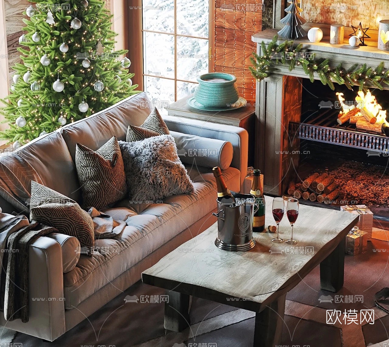 北欧布艺沙发组合3d模型下载（渲染图1）