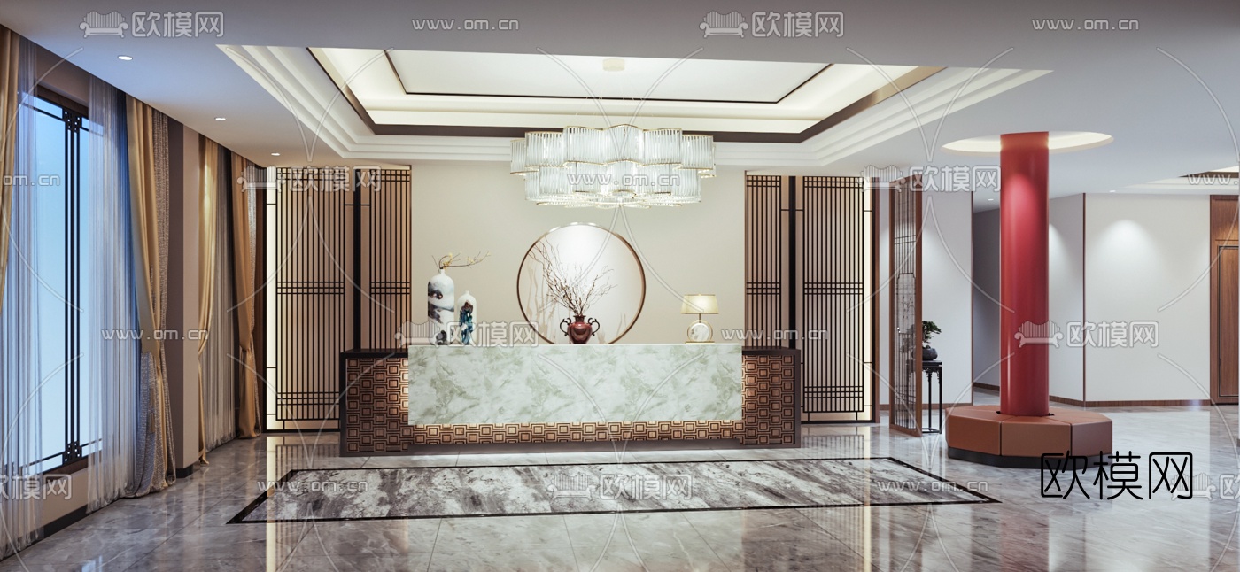 新中式酒店前台过道3d模型