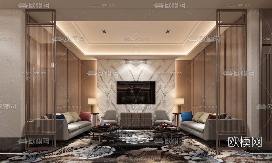 新中式餐厅包房免费3d模型下载(渲染图3)
